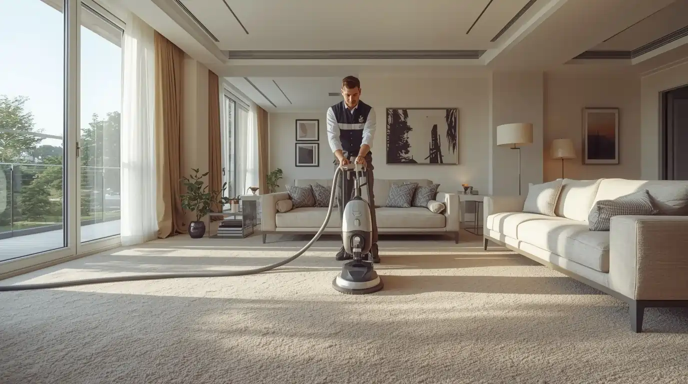 Professionelle Teppichreinigung in Zürich mit modernem Dampfreiniger in einem hellen Wohnzimmer