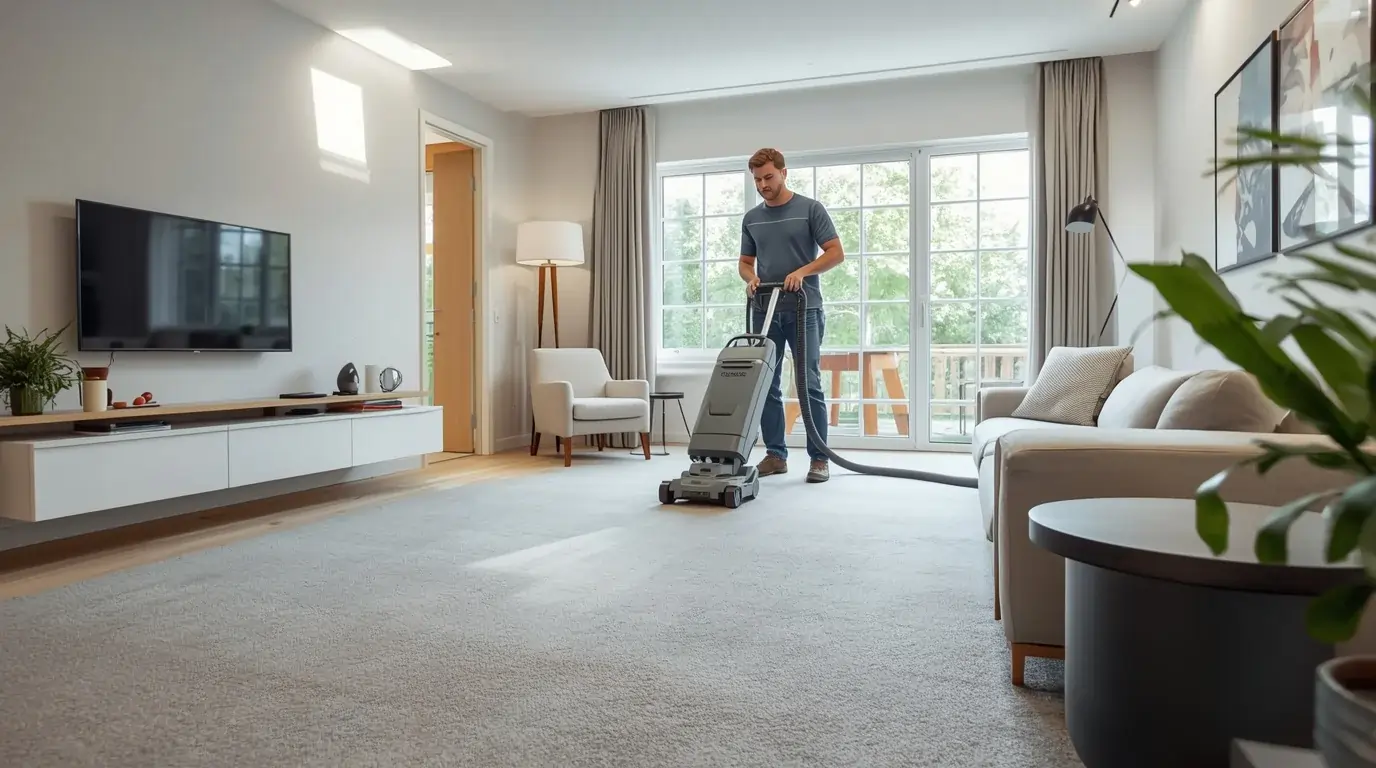 Professionelle Teppichreinigung in Zürich – Experte reinigt hellen Wohnzimmerteppich mit moderner Reinigungsmaschine.