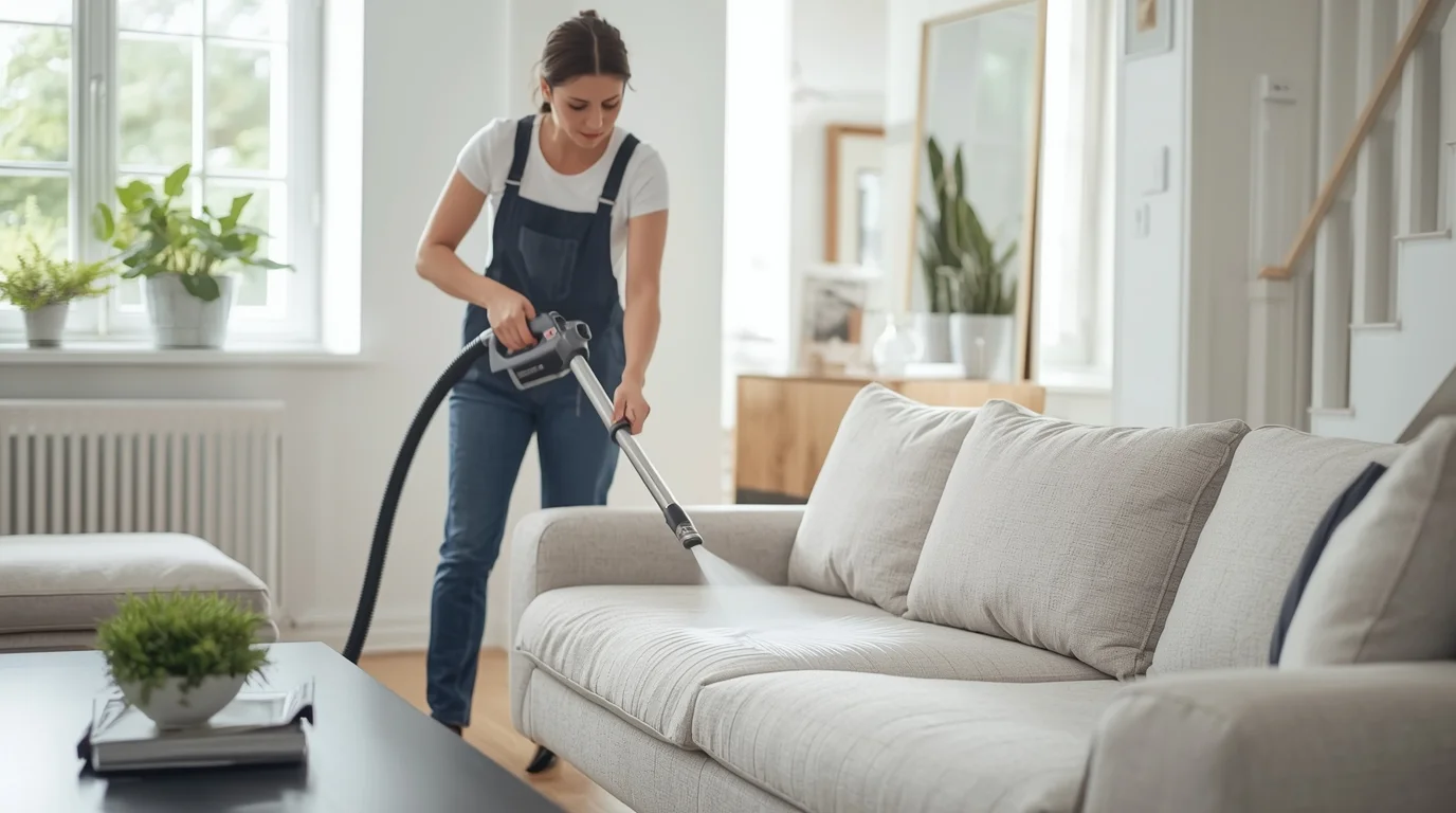 Professionelle Sofareinigung in Zürich – Experte reinigt Sofa in hellem Wohnzimmer.