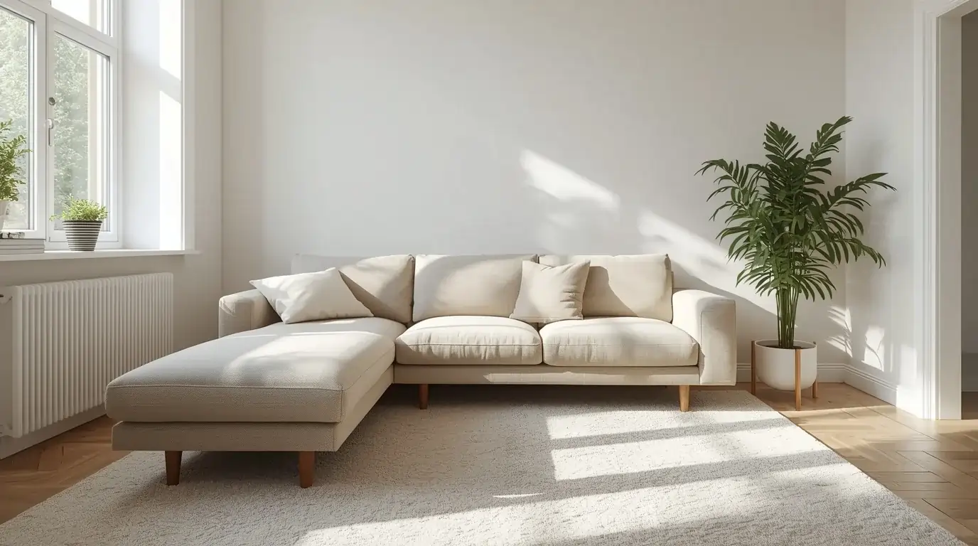 Frisch gereinigtes Sofa und Teppich in einem modernen Wohnzimmer in Zürich nach professioneller Sofareinigung.