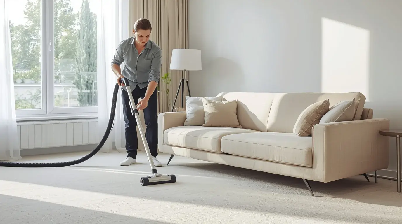 Professionelle Teppich- und Sofareinigung in Zürich – Experte reinigt Sofa und Teppich in modernem Schweizer Wohnzimmer.