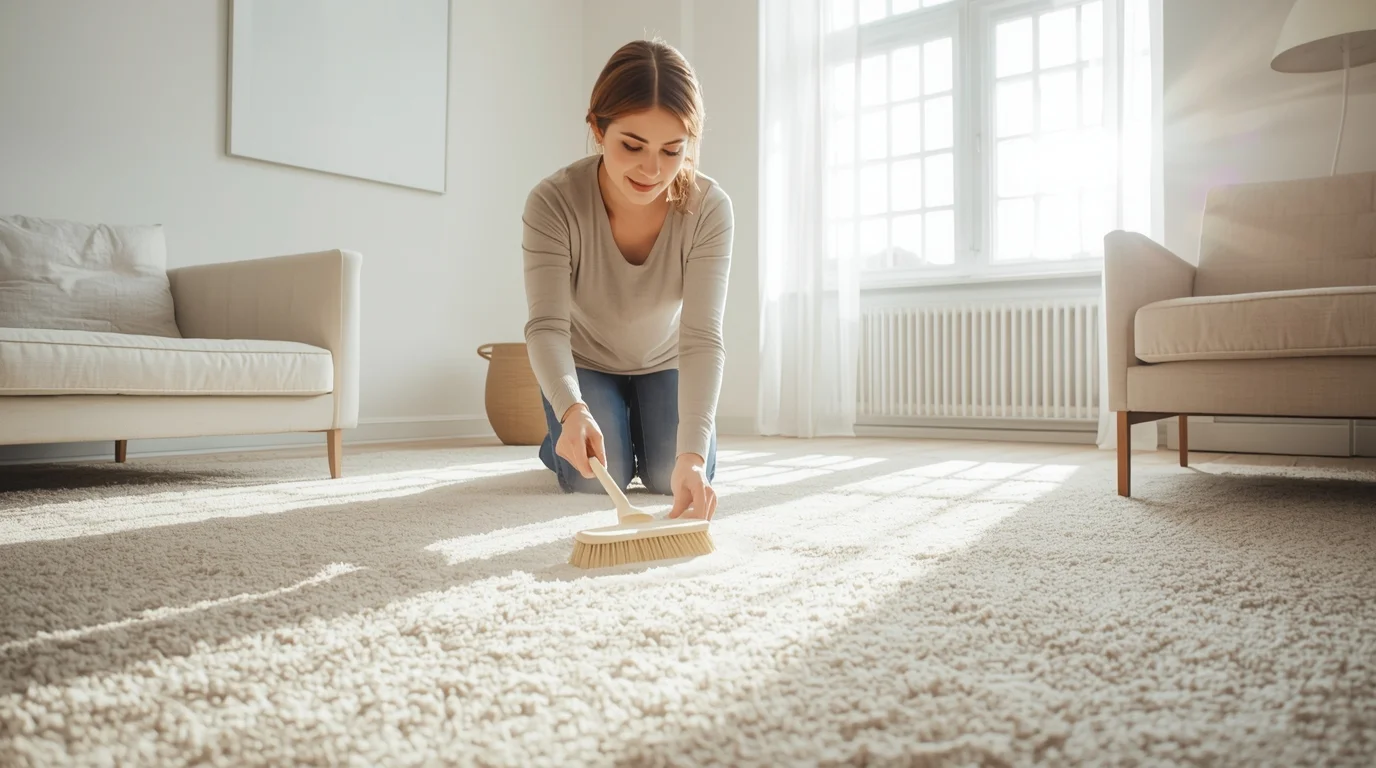 Trockenreinigungspulver für Teppiche in Zürich – Anwendung im Wohnzimmer für saubere Teppiche.