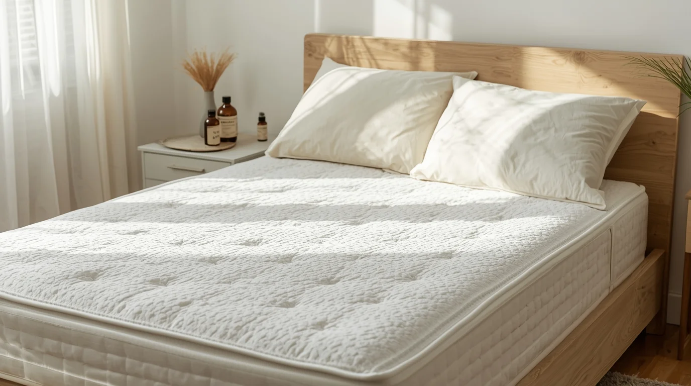 Sauberes und frisches Schlafzimmer mit ordentlich gemachter Matratze und DIY-Reinigungsmitteln wie Backpulver, Essig und ätherischen Ölen.