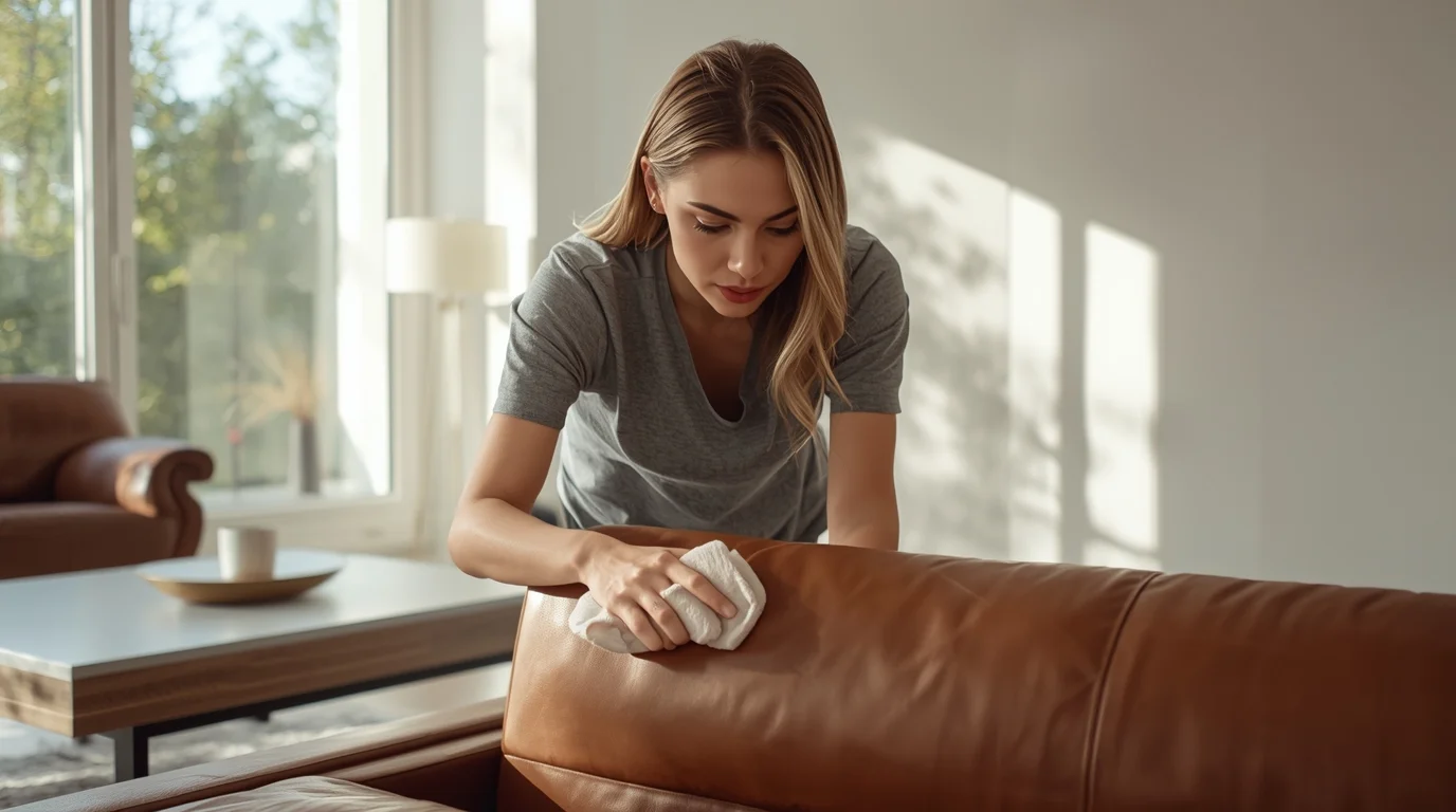 Professional hacks for cleaning leather sofa using microfiber cloth in modern Zurich home.
