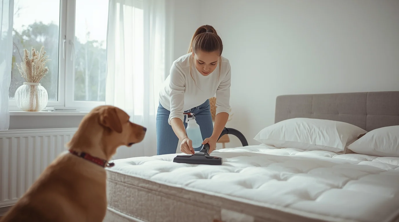 Pet owner using mattress cleaning tips to remove pet stains and odors in a bright bedroom