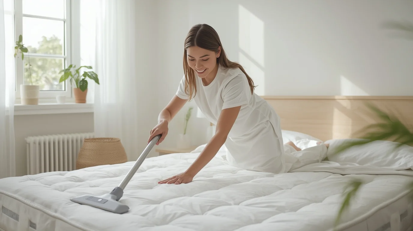 Person using mattress cleaning secrets to maintain a clean and comfortable bed for better sleep