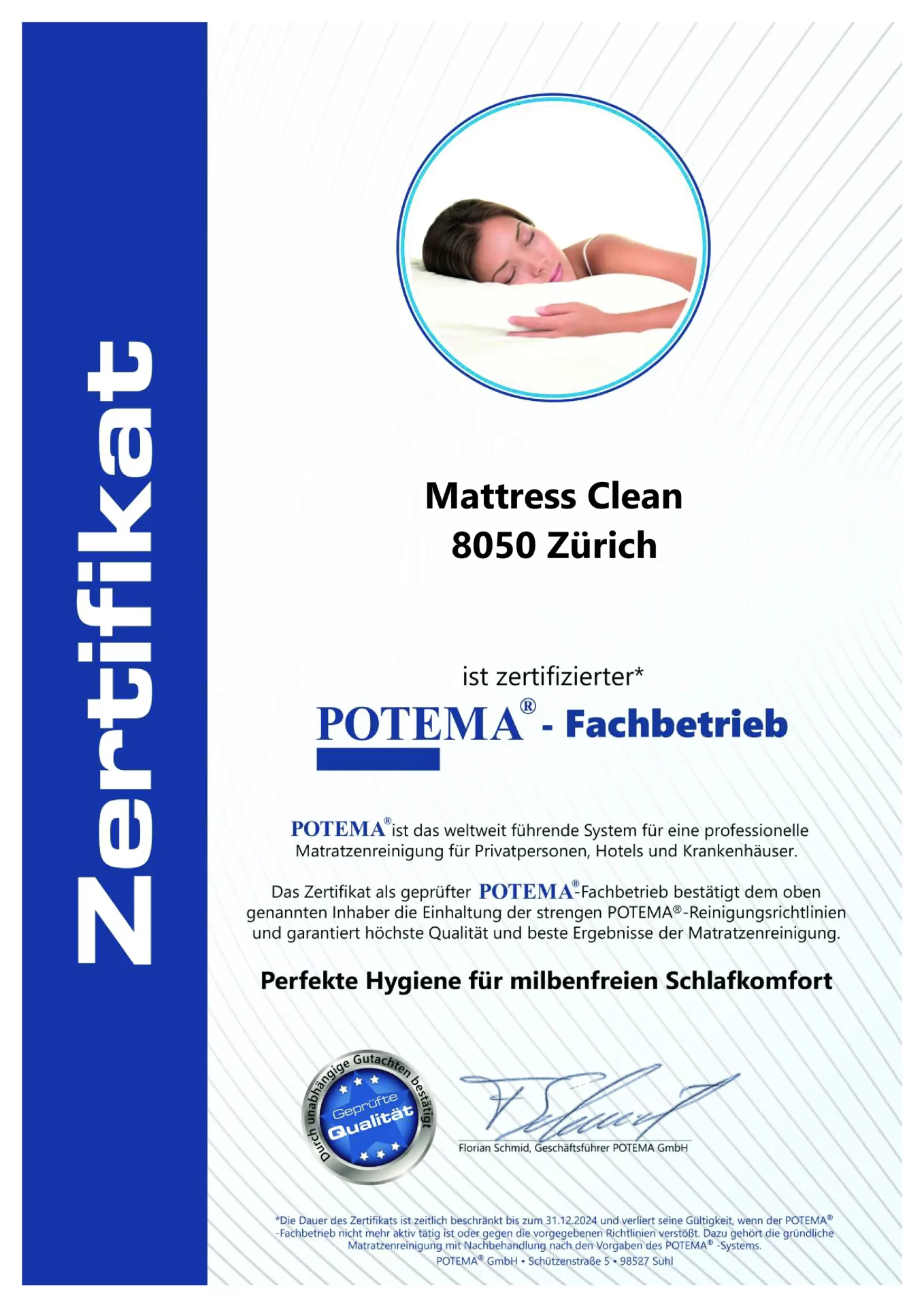 Von Potema zertifiziertes Matratzenreinigungsunternehmen